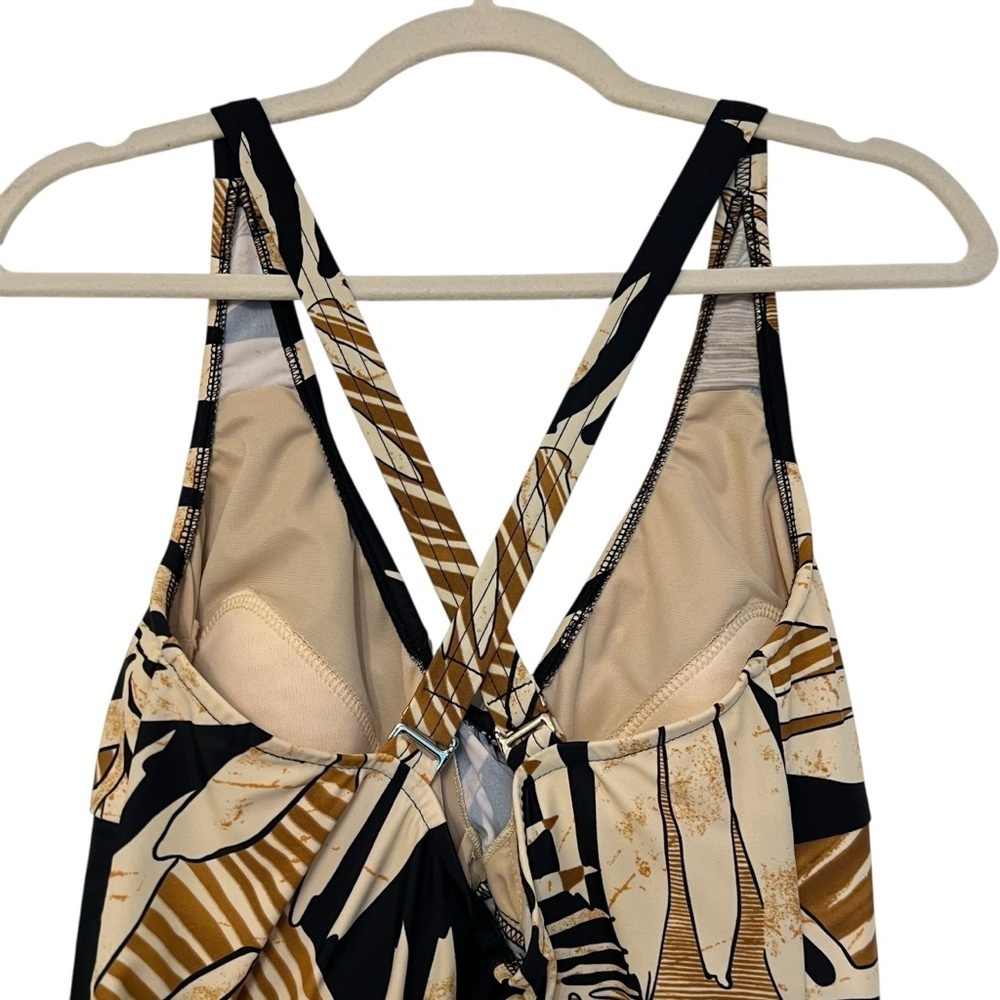 Carol Wior Twist Front Swim Dress Black Tan Botanical Print Size Large Tropical - Picture 4 of 6